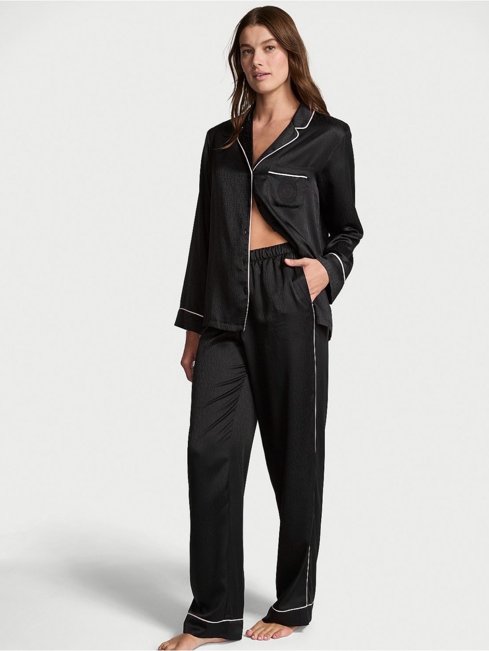 NWT Signature Satin Shine Long Pajama Set | Victoria's Secret Jacquard in Black